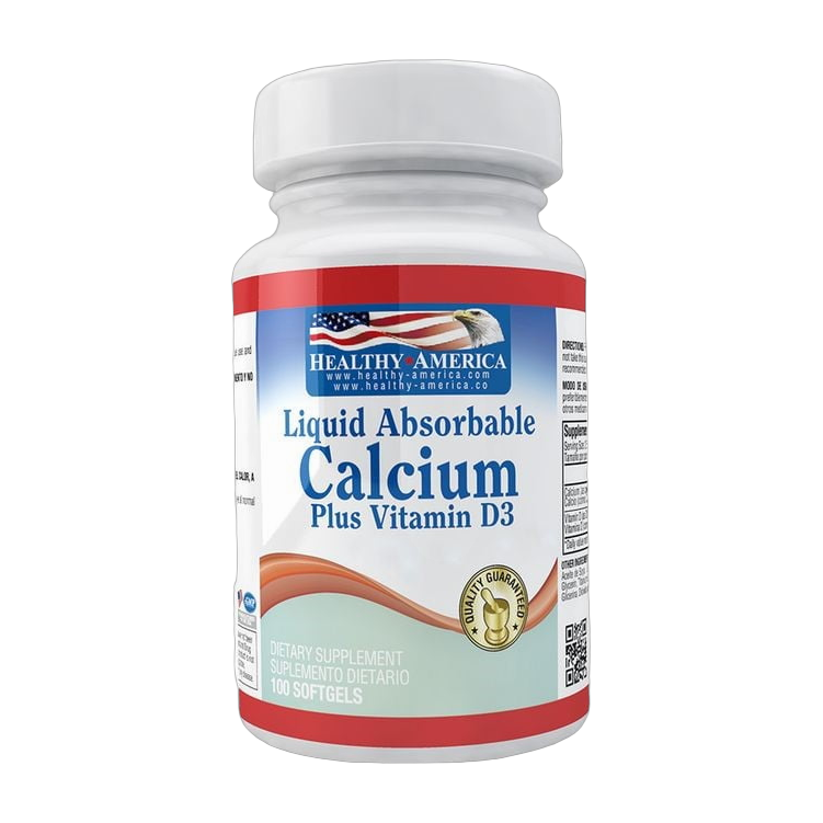 Calcio Líquido con Vitamina D3 Healthy America · 100 Softgels
