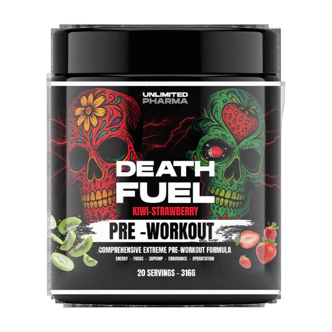 Death Fuel Unlimited Pharma Preentreno 20 Servicios Kiwi-Strawberry · 200 mg de Cafeína