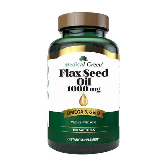 Flax Seed Oil Medical Green 1000 mg · Aceite de Linaza con Omega 3, 6 y 9 · 100 Softgels