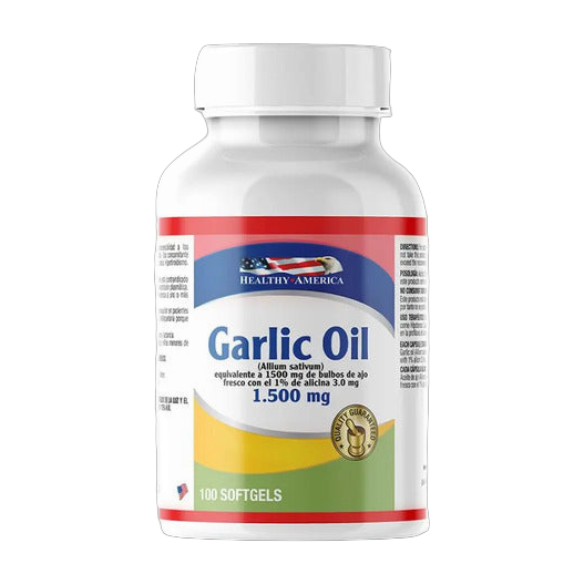 Garlic Oil Healthy America · Aceite de Ajo Equivalente a 1.500 mg de Ajo Fresco con 3 mg de Alicina · 100 Softgels