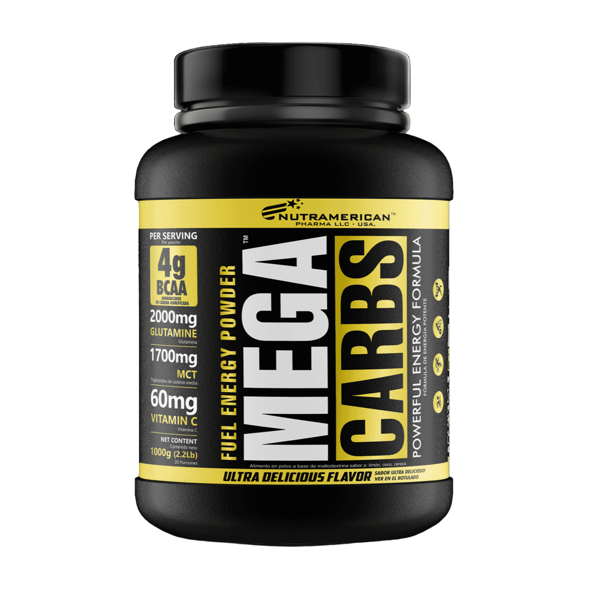Nutramerican Mega Carbs Limón Cereza 2.2 Lb · Carbohidratos, BCAA y MCT para Entrenar