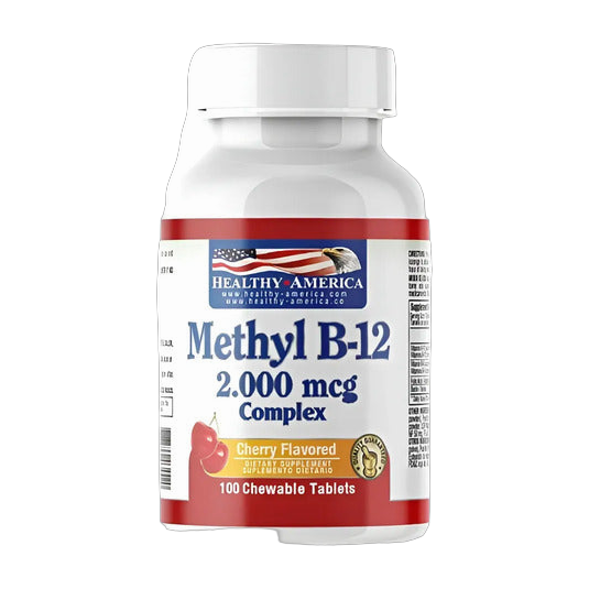 Methyl B-12 2000 mcg Healthy America 100 Tabletas Masticables Sabor Cereza · Metilcobalamina con B6, Folato y Biotina