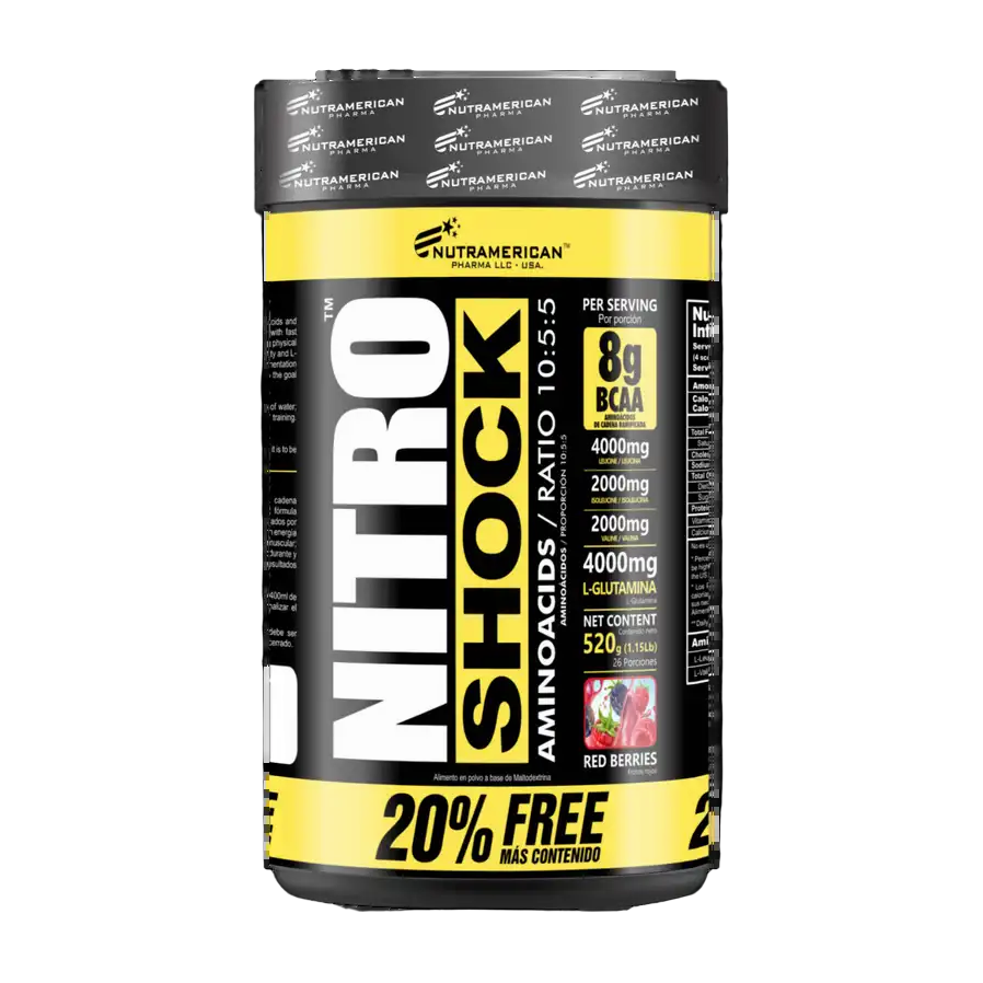 Nutramerican Nitro Shock 520 g Red Berries · BCAA 8 g + Glutamina 4 g