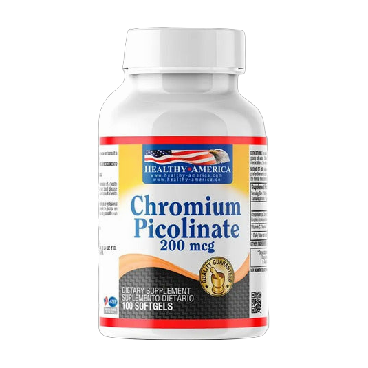 Picolinato de Cromo Healthy America 200 mcg con Vitamina C · 100 Softgels
