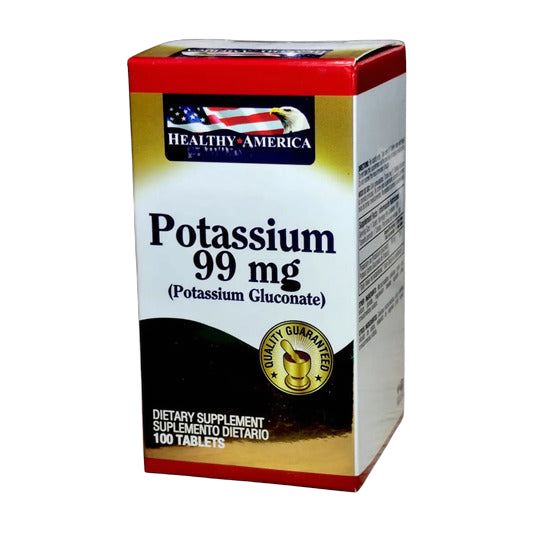 Potasio 99 mg Healthy America 100 Tabletas · Gluconato de Potasio