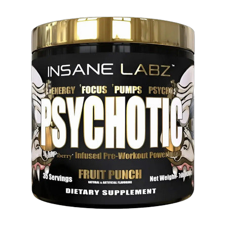 Psychotic Gold Insane Labz Preentreno 35 Porciones Fruit Punch · 325 mg de Cafeína