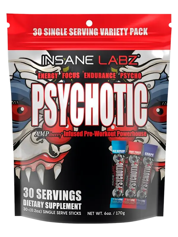 Insane Labz Psychotic Pre-Entreno 170 g · 30 Sticks Variety Pack Empaque Rojo