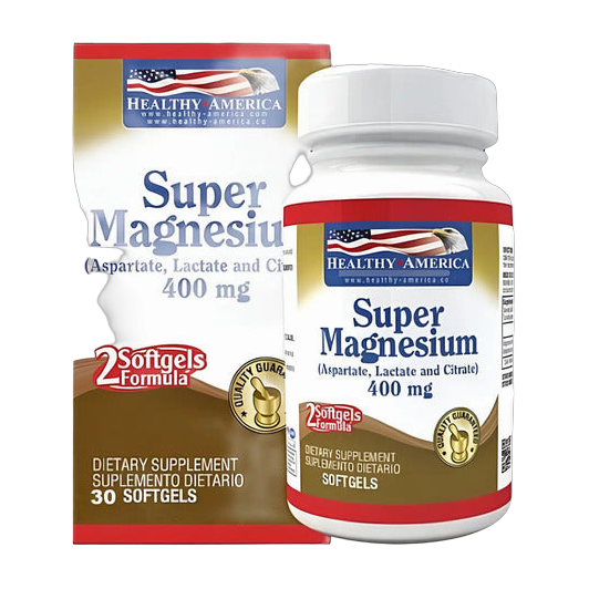 Super Magnesio Healthy America 400 mg · Citrato, Aspartato y Lactato · 30 Softgels