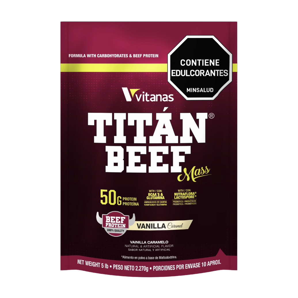 Vitanas Titan Beef Mass 5 Lb Vainilla Caramelo · Proteína de Carne